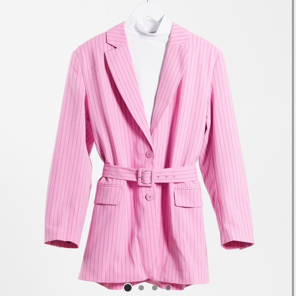 Pink Pinstripe Belted Blazer
